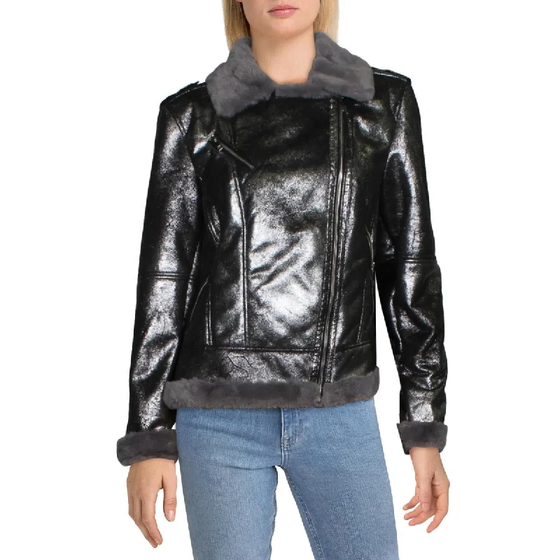 Single-shoulder Neck Design Tommy Hilfiger Women's Faux Shearling Metallic Moto Jacket Black Size Small