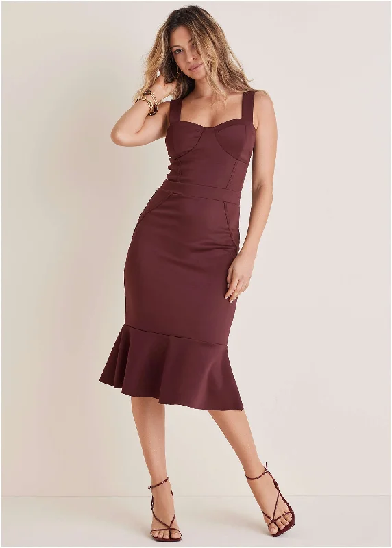 Comfortable Fashion Ruffle Trim Midi Dress - Wine
