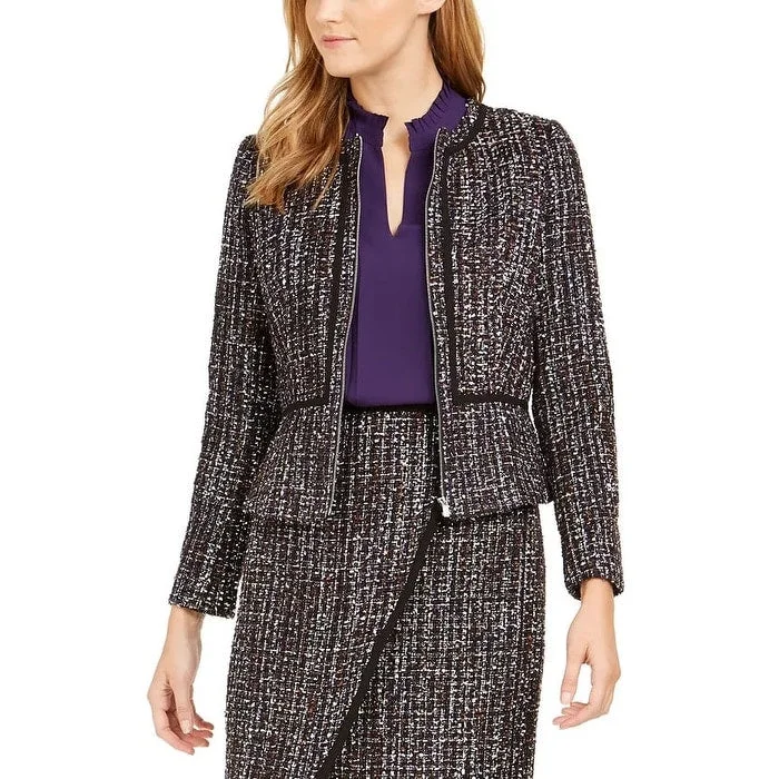 Warm And Comfortable Calvin Klein Women's Tweed Zip Front Collarless Jacket Black Size 0