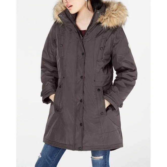 Casual Style Madden Girl Junior's Hooded Faux Trim Parka Gray Size Medium