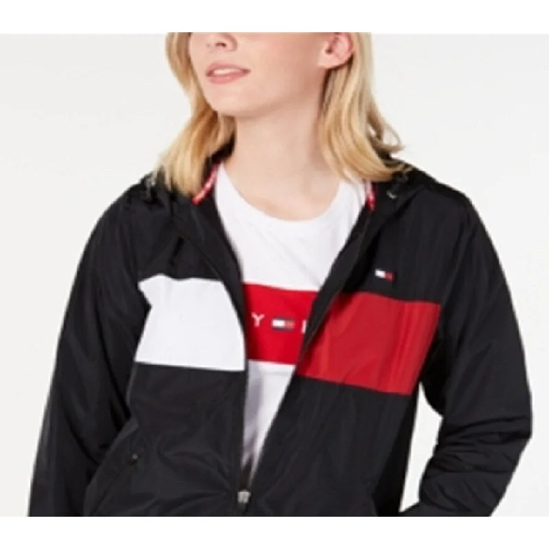 Cozy Fashion Trends Tommy Hilfiger Women's Sport Hooded Windbreaker Jacket Black Size X-Large