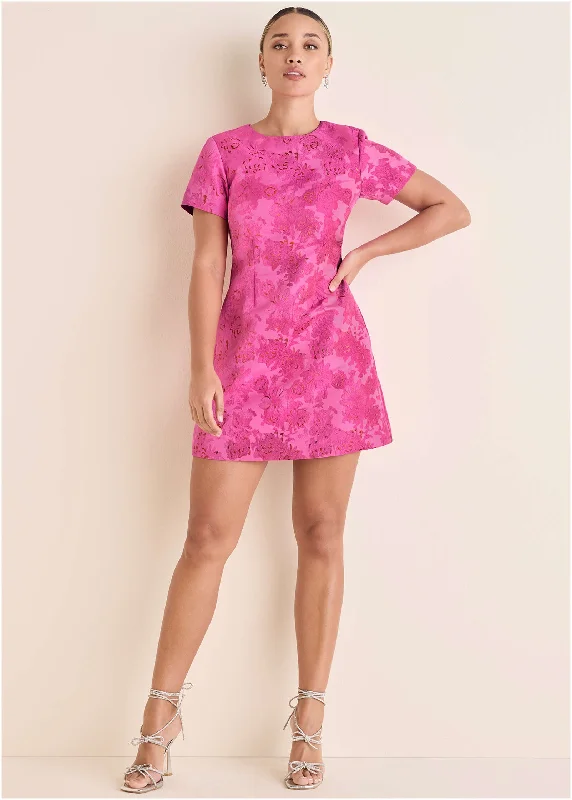Sweet Girl Jacquard A-Line Mini Dress - Pink Metallic