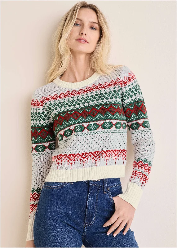 Unique Design Fair Isle Sweater - Red & Green Multi