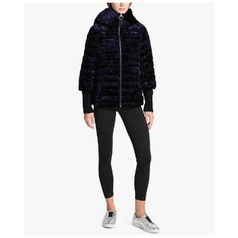 Relaxed Style DKNY Women's Crushed Velvet Down Jacket Black Size Small