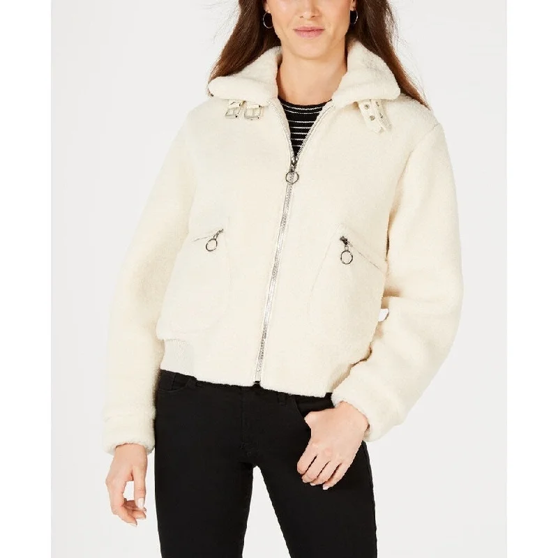Cool Style Collection B Juniors' Faux-Faux Teddy Bomber Jacket White Size Large
