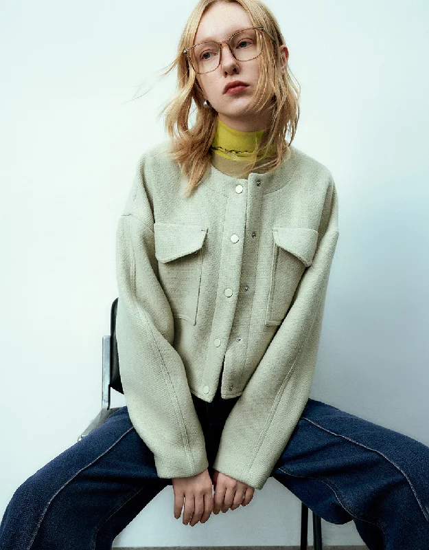 Easy Style Crew Neck Press Button Straight Jacket