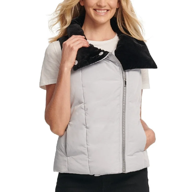 Simple Solid Color DKNY Women's Velvet Trim Puffer Vest Silver Size Large