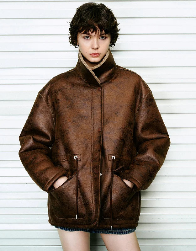 Versatile Comfort Wear Stand Collar Vegan Leather Straight Jacket