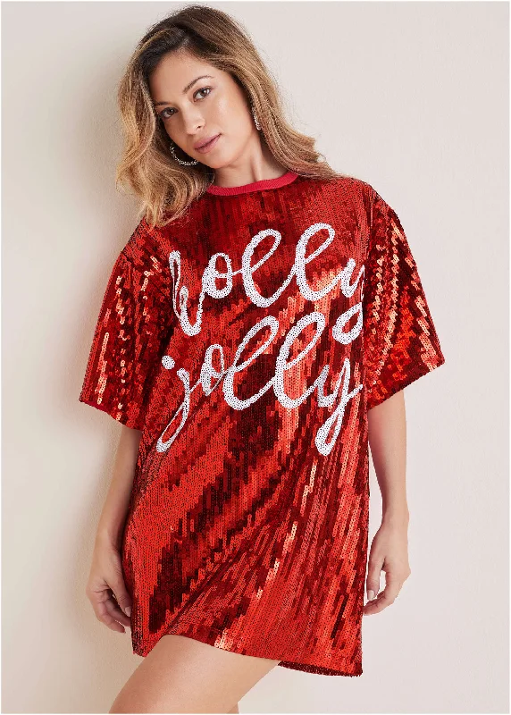 Youthful Vitality Sequin T-Shirt Dress - Red & White