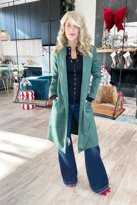 High-end Fashion Moss Green Faux Suede Long Coat