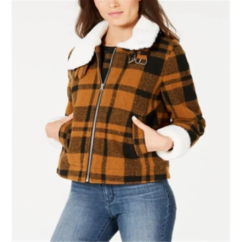 Casual Elegance CoffeeShop Juniors Faux-Fur-Collar Plaid MustardBlack Plaid Size Large
