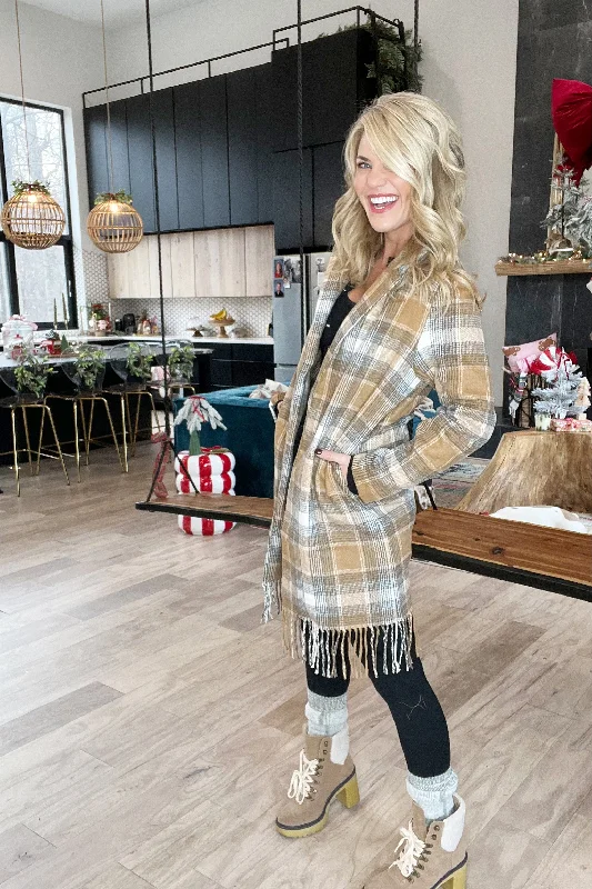 Fashion Wear Camel Plaid Fringe Open Front Jacket