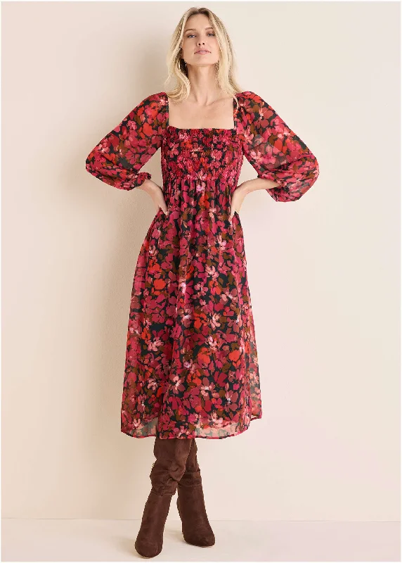 Celebrity Style Smocked Midi Dress - Autumn Petals