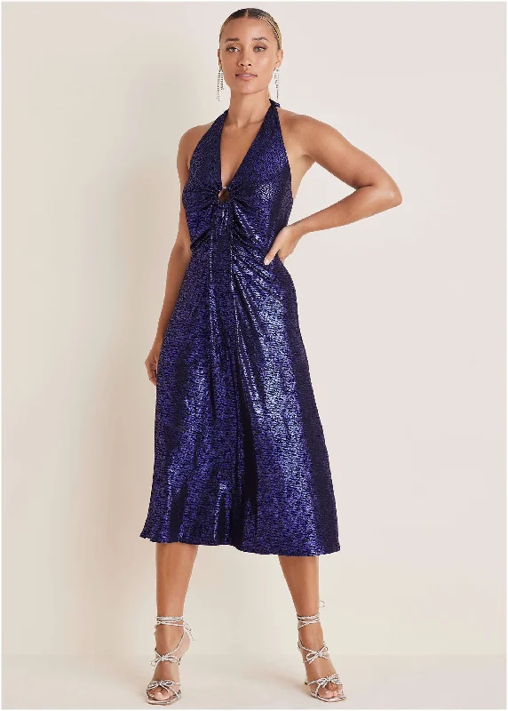 Fashion Classic Metallic Halter Midi Dress - Deep Blue
