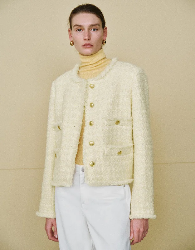 Elegant Outline Raw Hem Crew Neck Tweed Jacket