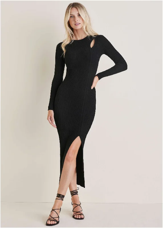 Thin Design Ribbed Maxi Sweater Dress - Black
