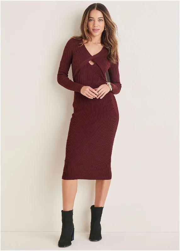 Versatile Items Cutout Midi Sweater Dress - Wine