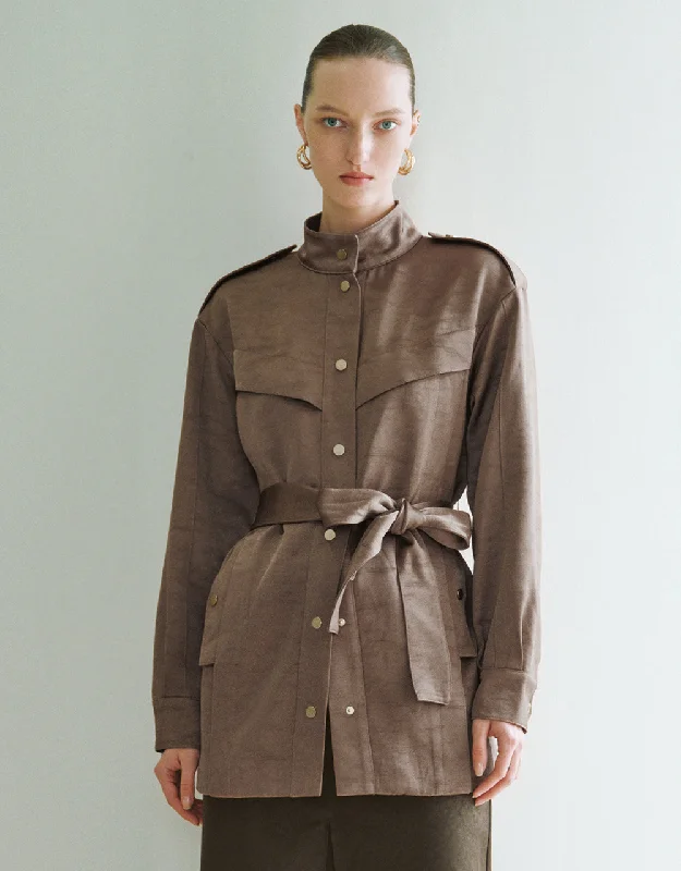 British Style Stand Collar Straight Jacket With Belt
