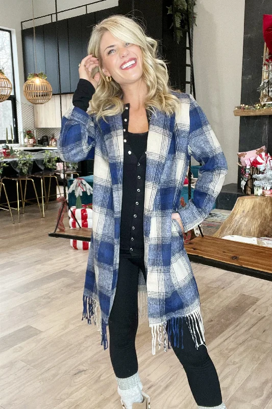 Economic Outlook Navy Plaid Fringe Open Front Jacket