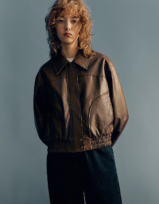 High Street Fashion Drop Shoulder Sleeve Vegan Leather Jacket
