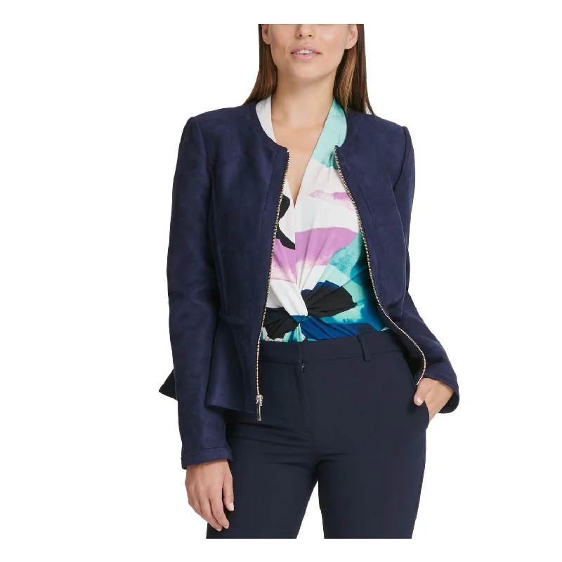 Fashionable And Versatile Dkny Women's Faux Suede Zip Front Peplum Jacket Blue Size 6
