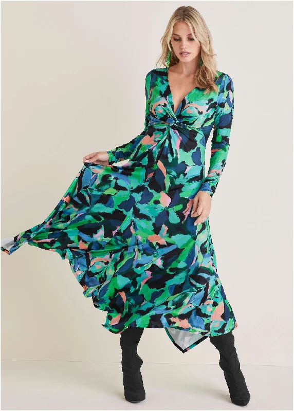 Designer Style Plunge Twist Maxi Dress - Brushed Petals