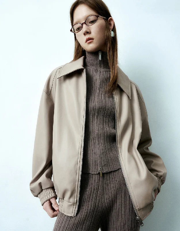 Versatile Itinerary Zipper Front Vegan Leather Straight Jacket