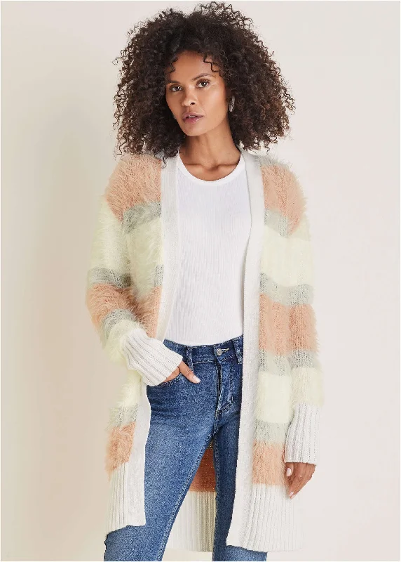 Stretch Design Eyelash Cardigan - White Multi