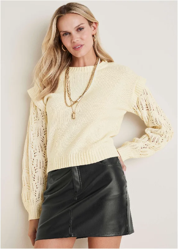 Basic Comfort Pointelle Sleeve Crew Neck - Off White