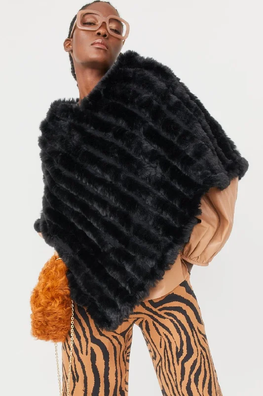 Breathable Design Black Faux Fur Poncho