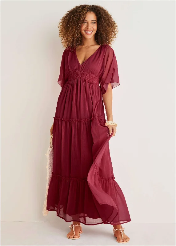 Classic Series Flutter Sleeve Maxi Dress - Wine