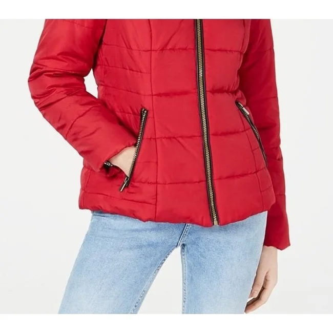 Casual And Comfortable Celebrity Pink Juniors’ Puffer Coat With Faux Trim Hood Red Size Medium
