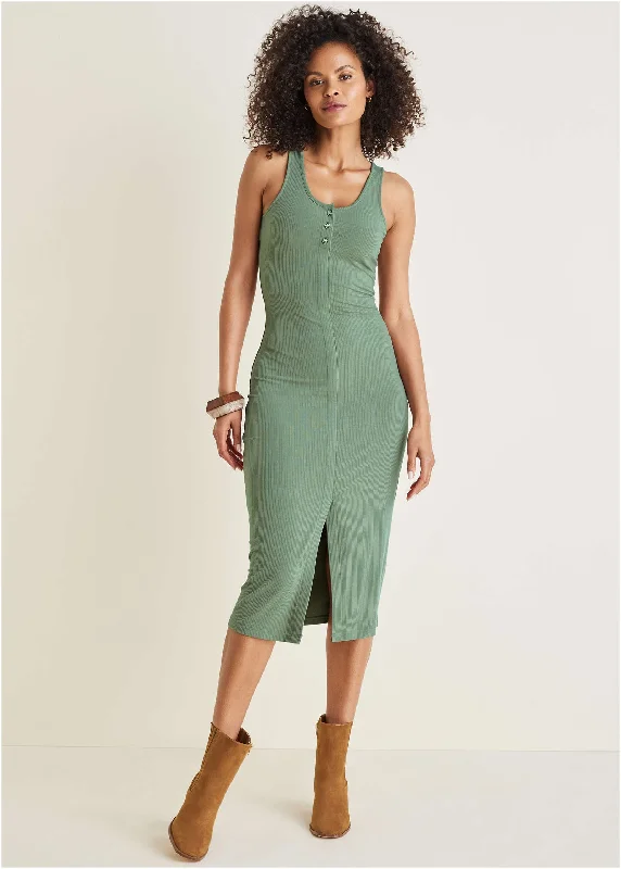 Versatile Wear Henley Midi Dress - Basil