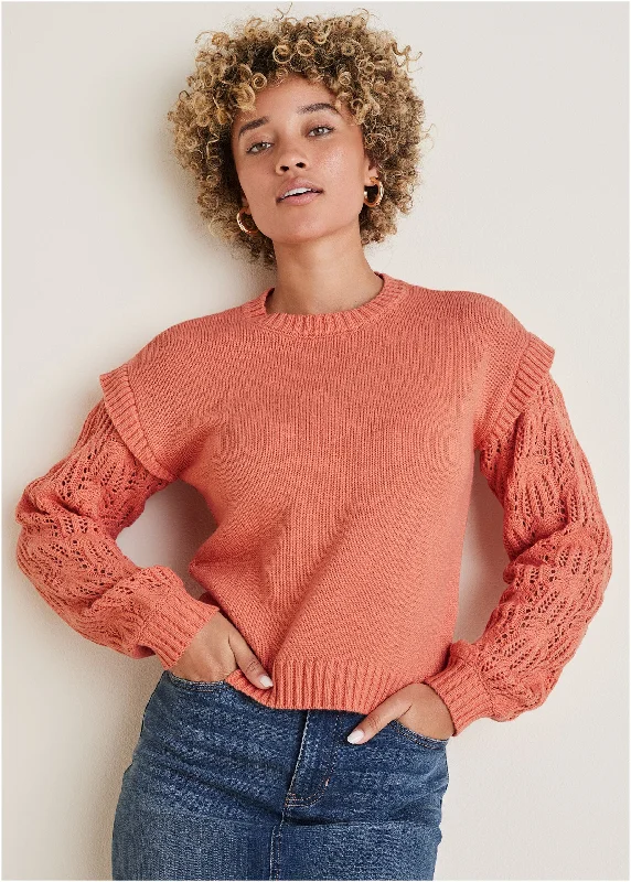 Sports Fashion Pointelle Sleeve Crew Neck - Burnt Coral