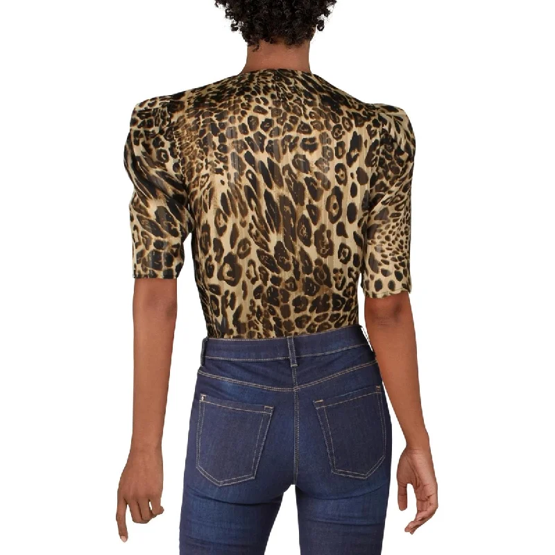 Easygoing Style Lini Women's Metallic Animal Print Short Sleeve Surplice Neckline Body Suit Top Black Size X-Small