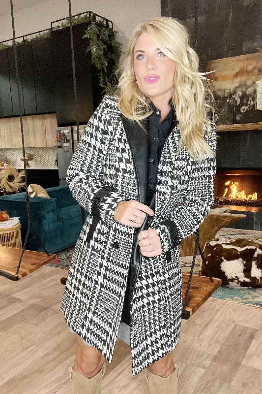 Retro Prints Black Mixed Media Trench Coat