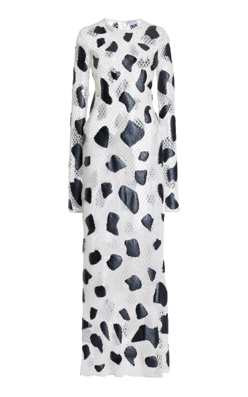 Elegant Outline Romeo Crochet Maxi Dress in White Merino Wool with Black Metallic Nappa Leather Patches Elegant Outline Romeo Crochet Maxi Dress in White Merino Wool with Black Metallic Nappa Leather Patches