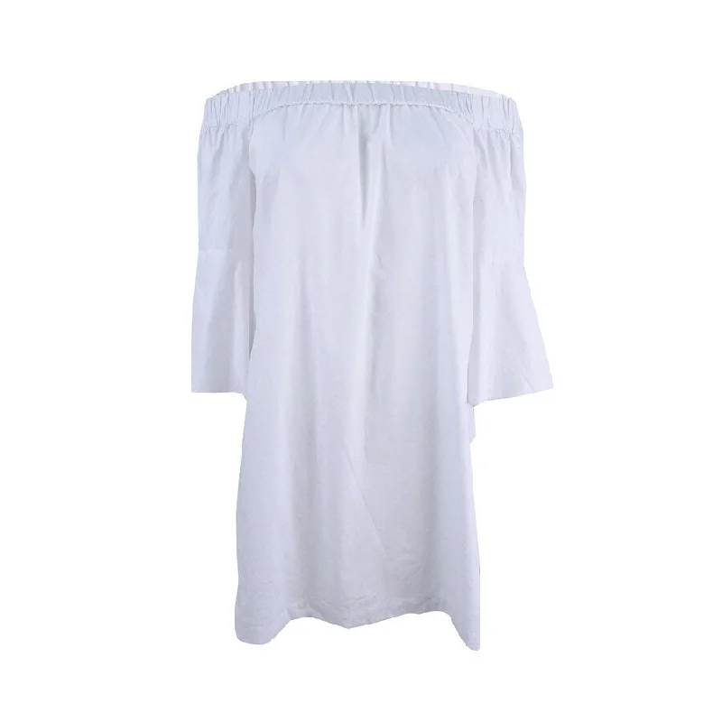 Easy Style Kensie Women's Oxford Cotton Off-The-Shoulder Dress (M, White)