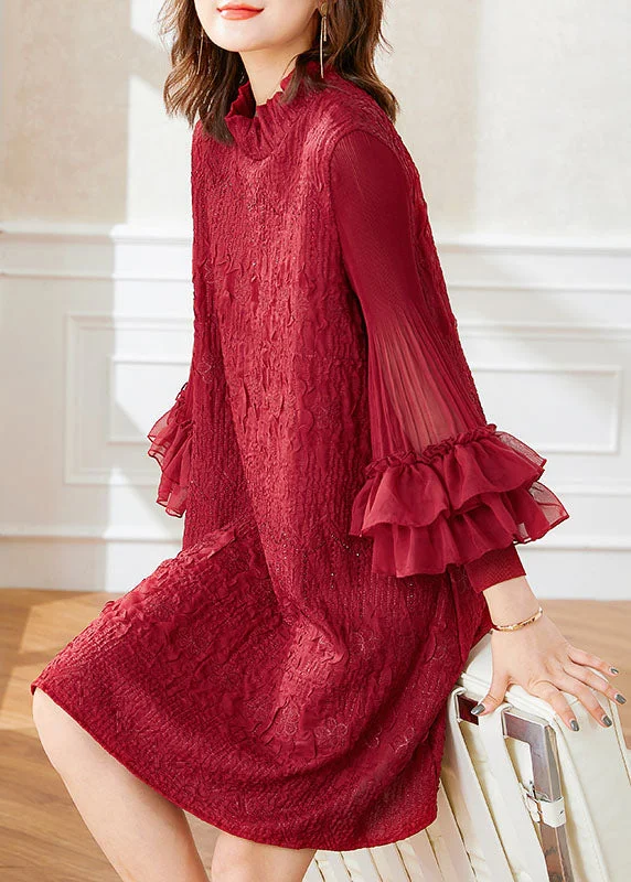 High Street Series Style Red Ruffled Embroideried Patchwork Cotton Dresses Spring
