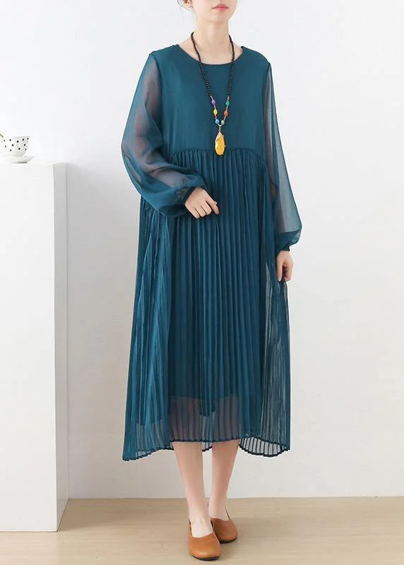 Casual Chic Wear Style Blue Long Sleeve Chiffon O-Neck Summer Dresses