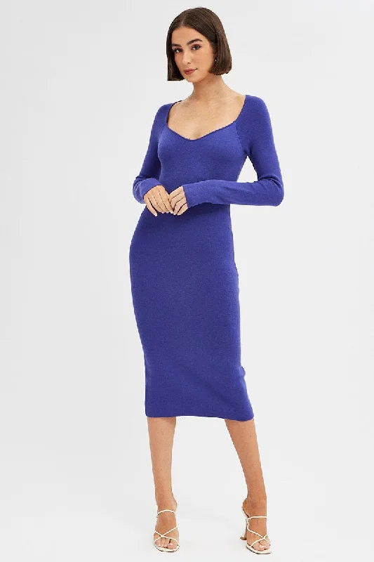 Elegant Series Purple Midi Dress Long Sleeve Sweetheart Neckline Knit