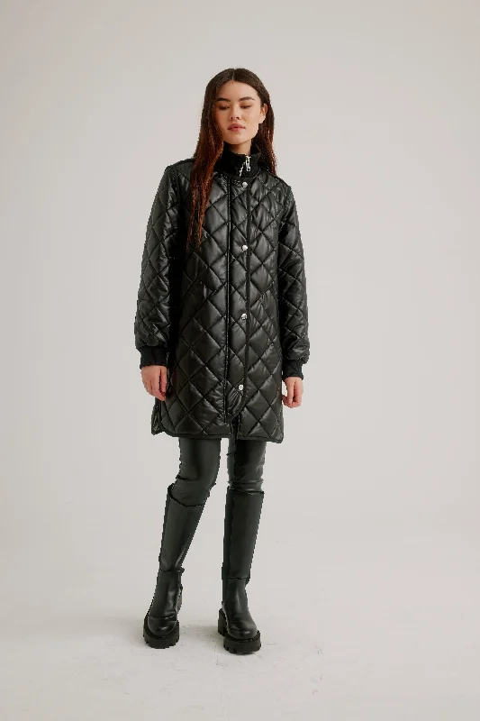 Sports Cool Nikki Jones Vegan Leather Zip Front Diamond Quilted Coat K5594RO-815