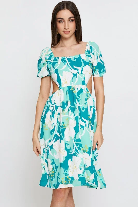 Warm Layers Print Midi Dress Ruffle Detail Skater