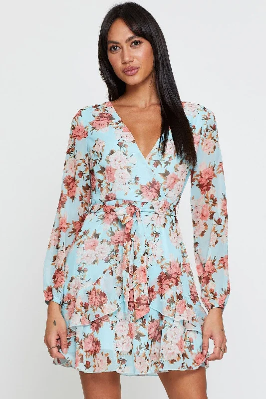 Cozy Pants Print Mini Dress Long Sleeve V Neck