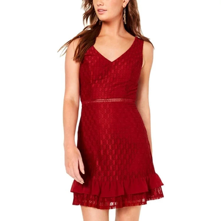Trendy Casuals City Studio Women's Juniors Lace Ladder Stitch Flounce Dress Wine Size 9 - Red Trendy Casuals City Studio Women's Juniors Lace Ladder Stitch Flounce Dress Wine Size 9 - Red
