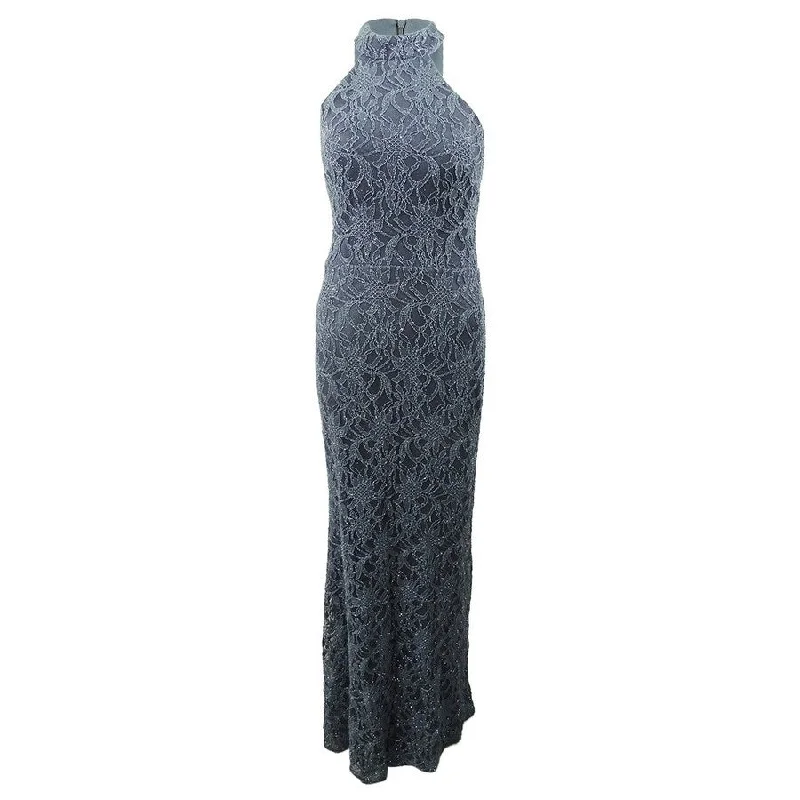 Energy Plan Betsy & Adam Women's Glitter Lace Halter Gown (4, Steel)