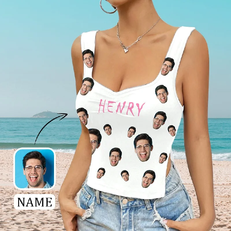 Low-key Luxury Custom Name&Face White Top Personalized Women's Square Neck Backless Ruched Side Split Crop Tank Tops Low-key Luxury Custom Name&Face White Top Personalized Women's Square Neck Backless Ruched Side Split Crop Tank Tops