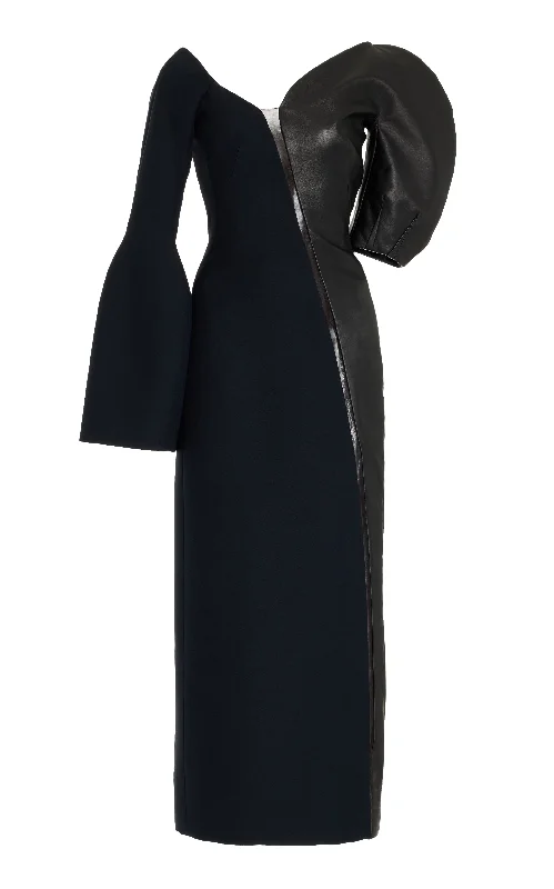 Girl Style Merlin Midi Dress in Black Wool Silk Cady and Nappa Leather