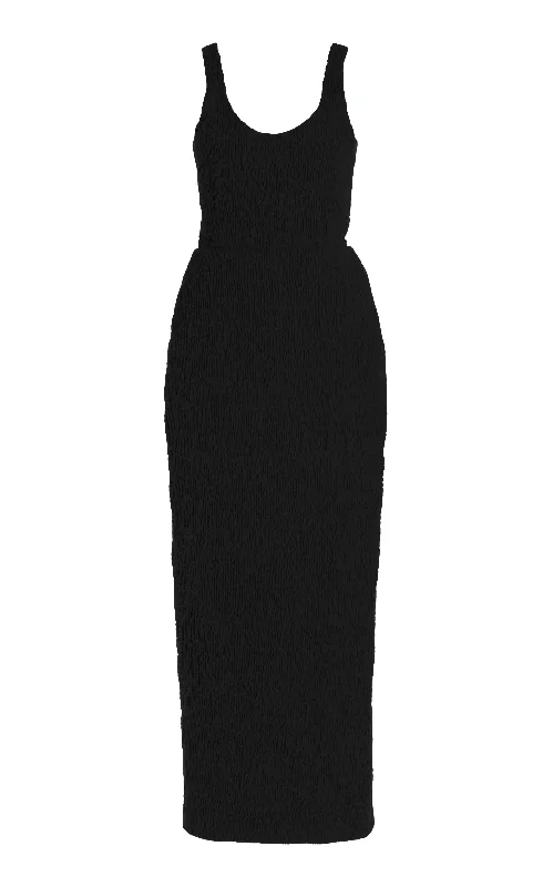 Classic Retro Girard Shirred Maxi Dress in Black Aloe Linen
