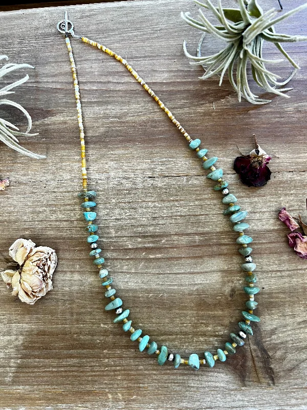 Cute Design 24 inch neckalce green turquoise, shell and Sterling Silver Pearls